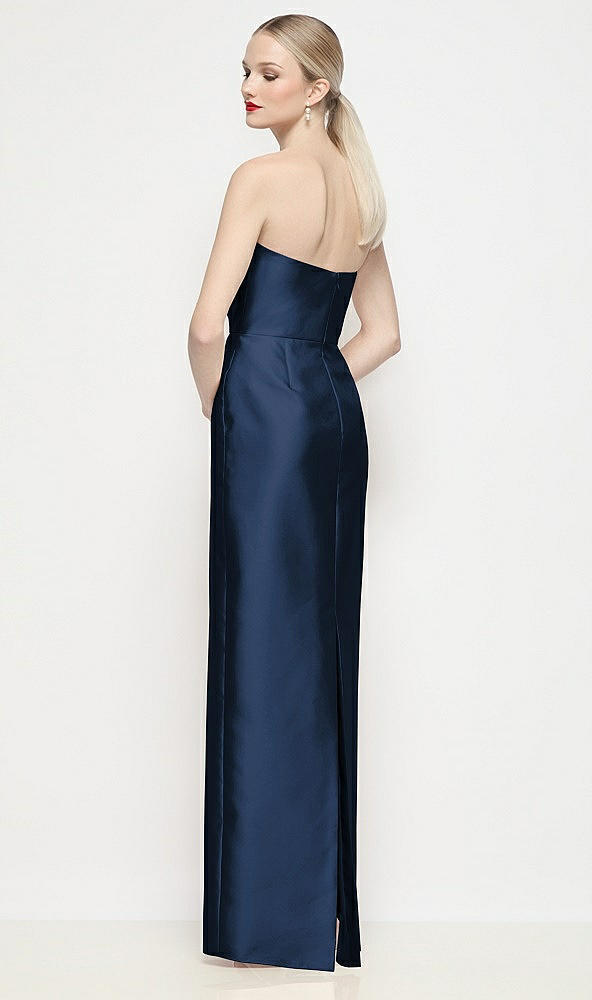 Back View - Midnight Navy Strapless Pleated U-Wire Satin Column Maxi Dress