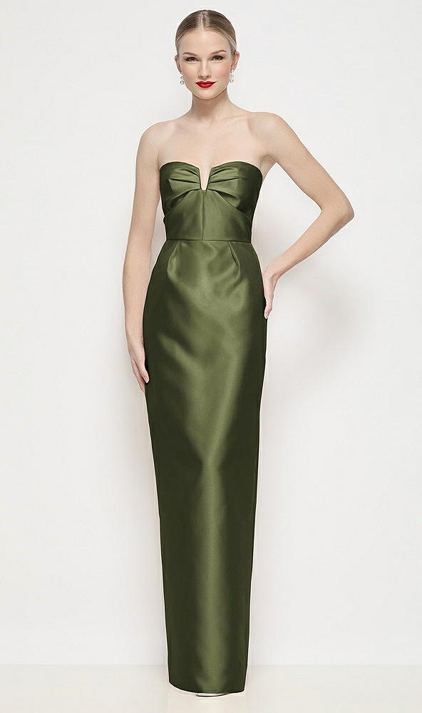Front View - Olive Green Strapless Pleated U-Wire Satin Column Maxi Dress