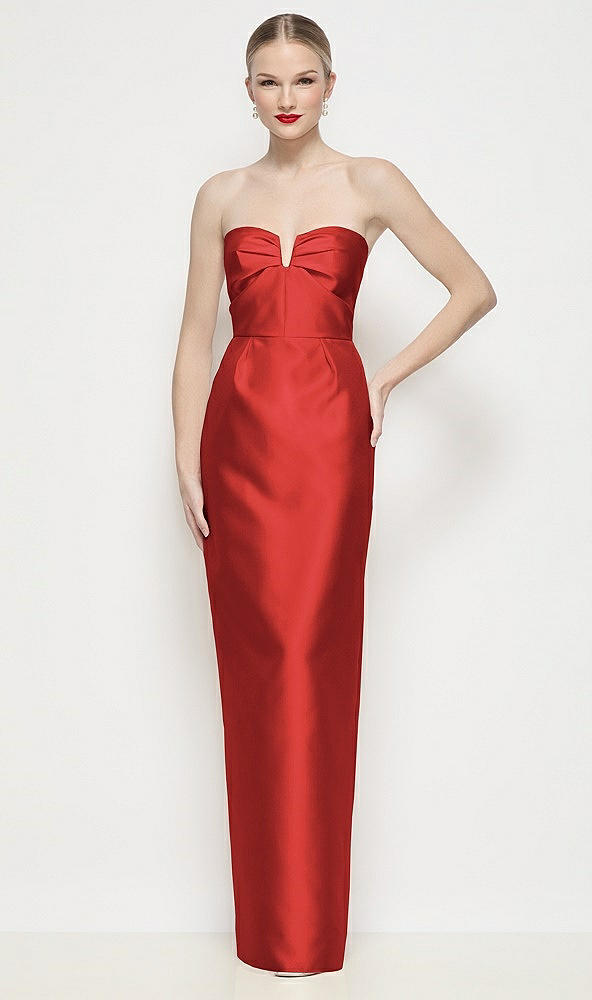 Front View - Poppy Red Strapless Pleated U-Wire Satin Column Maxi Dress