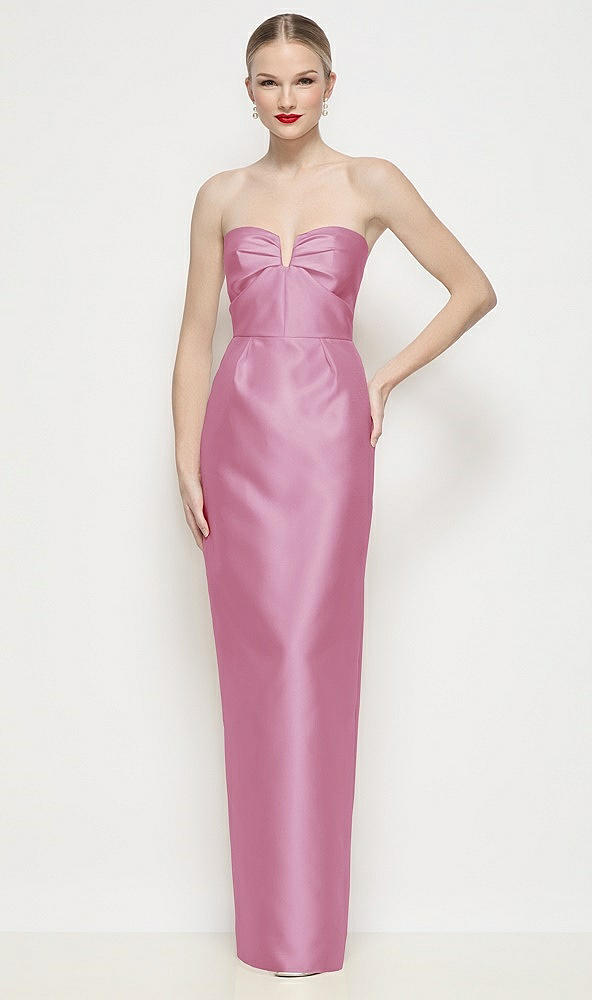 Front View - Powder Pink Strapless Pleated U-Wire Satin Column Maxi Dress