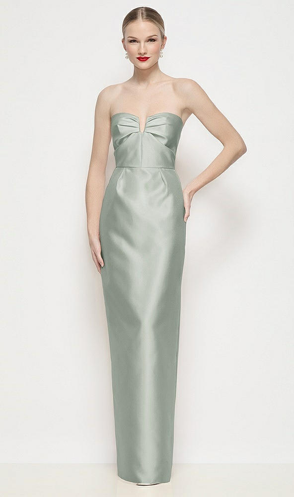 Front View - Willow Green Strapless Pleated U-Wire Satin Column Maxi Dress