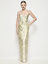 Front View Thumbnail - Butter Yellow Floral Strapless Pleated U-Wire Floral Satin Column Maxi Dress