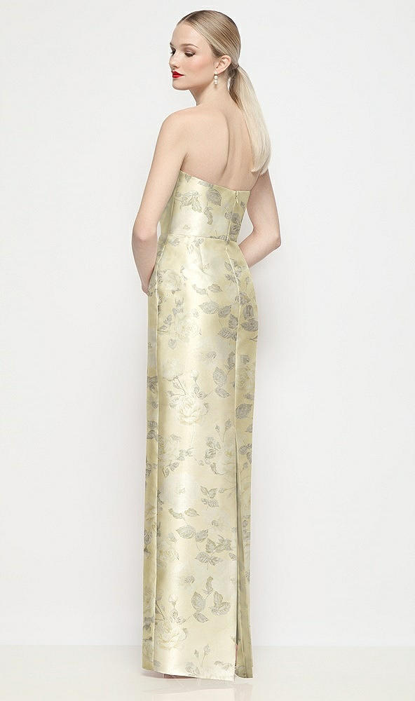 Back View - Butter Yellow Floral Strapless Pleated U-Wire Floral Satin Column Maxi Dress