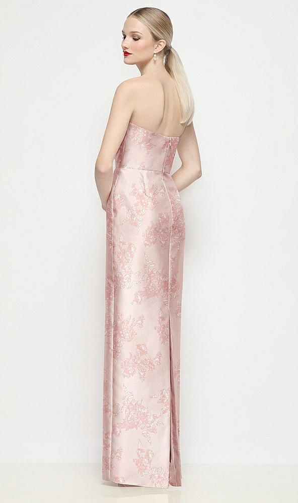 Back View - Bow And Blossom Print Strapless Pleated U-Wire Floral Satin Column Maxi Dress