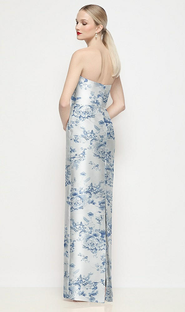 Back View - Cottage Rose Larkspur Strapless Pleated U-Wire Floral Satin Column Maxi Dress