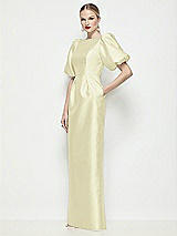Front View Thumbnail - Butter Yellow Bateau Neck Satin Column Maxi Dress with Puff Sleeves
