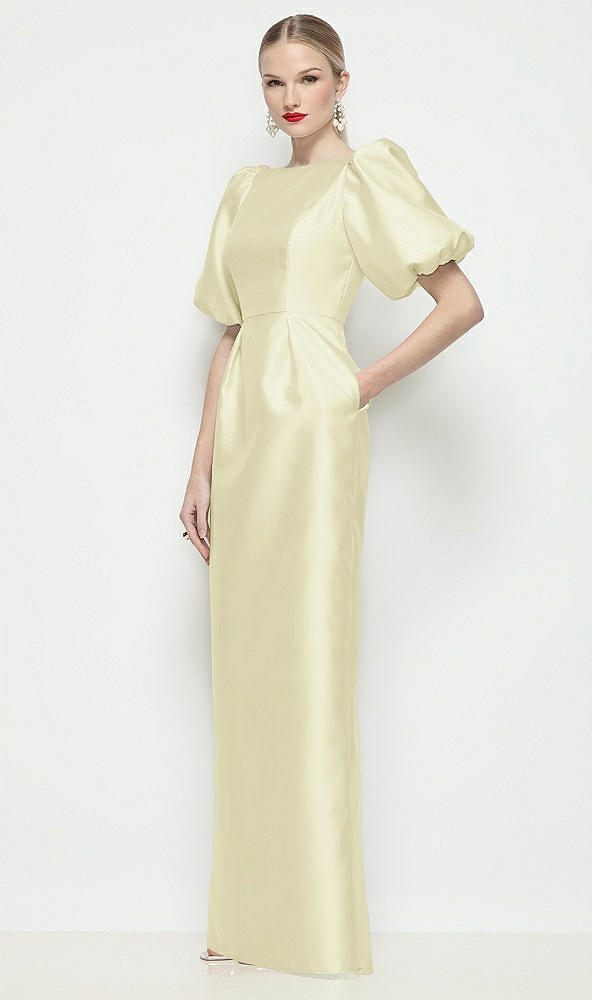 Front View - Butter Yellow Bateau Neck Satin Column Maxi Dress with Puff Sleeves