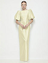 Side View Thumbnail - Butter Yellow Bateau Neck Satin Column Maxi Dress with Puff Sleeves