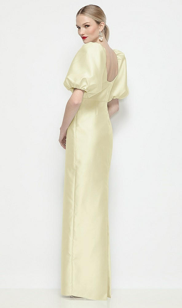 Back View - Butter Yellow Bateau Neck Satin Column Maxi Dress with Puff Sleeves