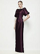 Front View Thumbnail - Deep Plum Bateau Neck Satin Column Maxi Dress with Puff Sleeves