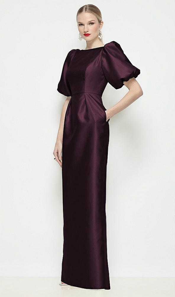 Front View - Deep Plum Bateau Neck Satin Column Maxi Dress with Puff Sleeves