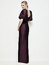 Rear View Thumbnail - Deep Plum Bateau Neck Satin Column Maxi Dress with Puff Sleeves