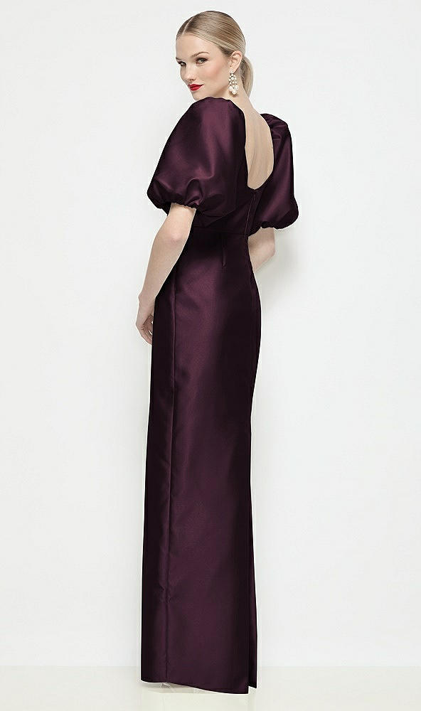 Back View - Deep Plum Bateau Neck Satin Column Maxi Dress with Puff Sleeves