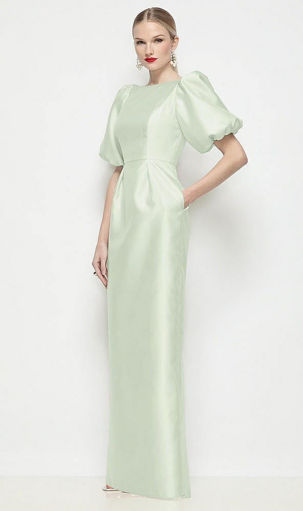 Front View - Mint Green Bateau Neck Satin Column Maxi Dress with Puff Sleeves