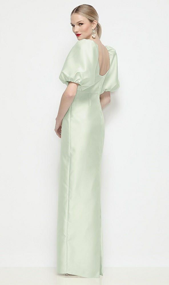 Back View - Mint Green Bateau Neck Satin Column Maxi Dress with Puff Sleeves