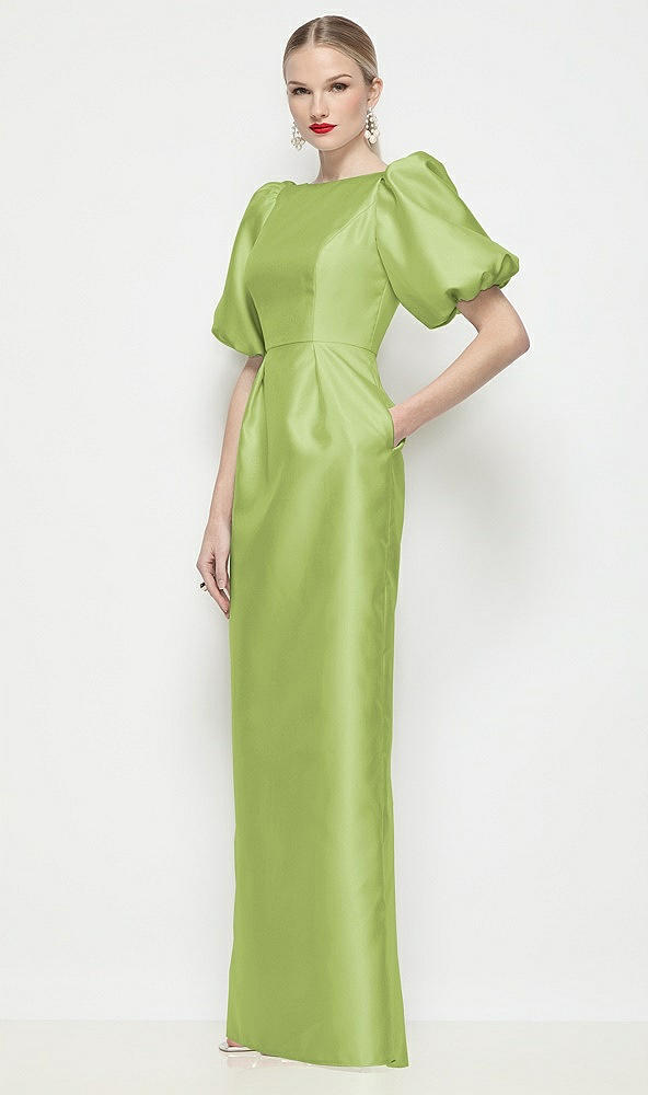 Front View - Mojito Bateau Neck Satin Column Maxi Dress with Puff Sleeves