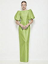 Side View Thumbnail - Mojito Bateau Neck Satin Column Maxi Dress with Puff Sleeves