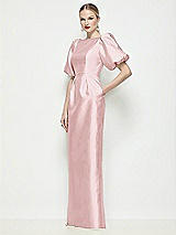 Front View Thumbnail - Ballet Pink Bateau Neck Satin Column Maxi Dress with Puff Sleeves