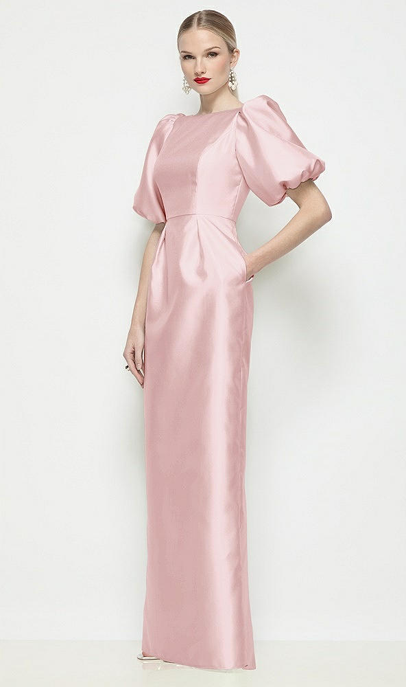 Front View - Ballet Pink Bateau Neck Satin Column Maxi Dress with Puff Sleeves