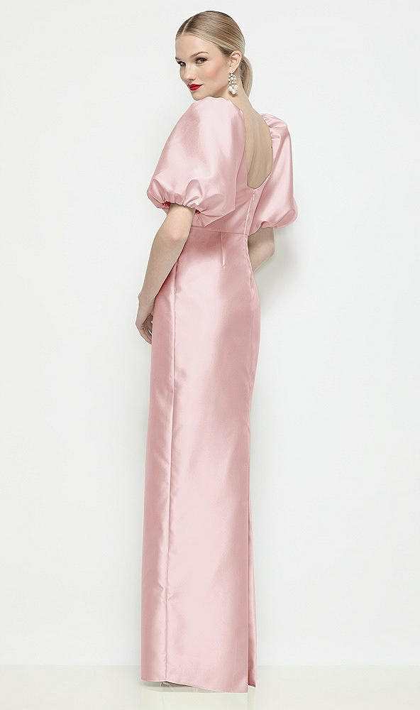 Back View - Ballet Pink Bateau Neck Satin Column Maxi Dress with Puff Sleeves