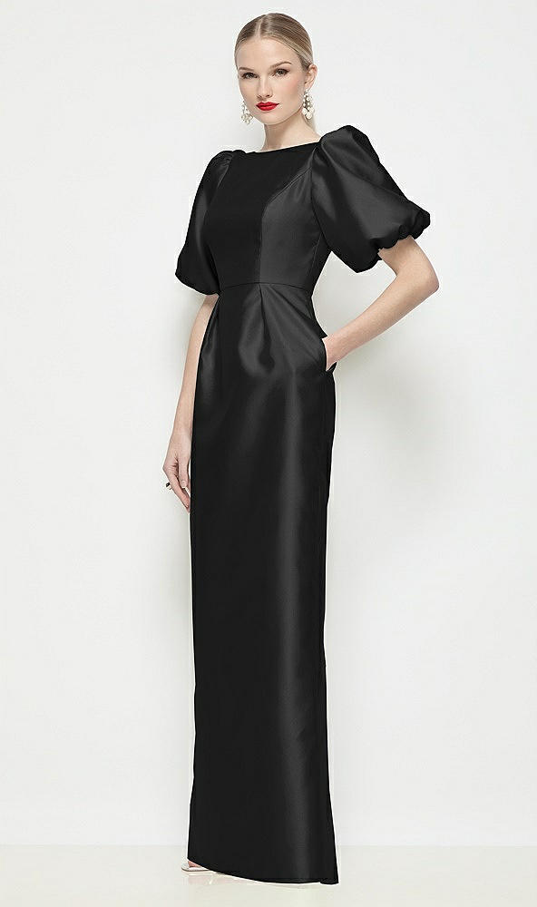 Front View - Black Bateau Neck Satin Column Maxi Dress with Puff Sleeves