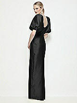 Rear View Thumbnail - Black Bateau Neck Satin Column Maxi Dress with Puff Sleeves