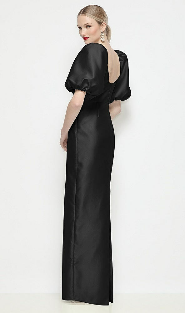 Back View - Black Bateau Neck Satin Column Maxi Dress with Puff Sleeves