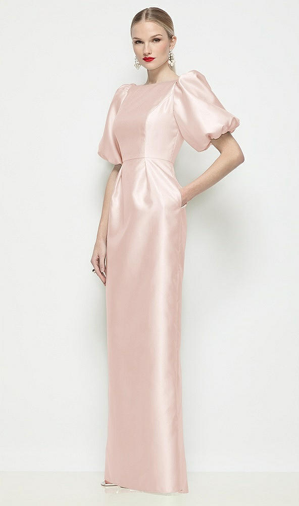 Front View - Blush Bateau Neck Satin Column Maxi Dress with Puff Sleeves
