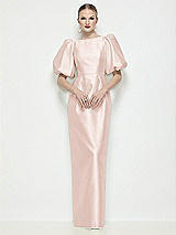 Side View Thumbnail - Blush Bateau Neck Satin Column Maxi Dress with Puff Sleeves