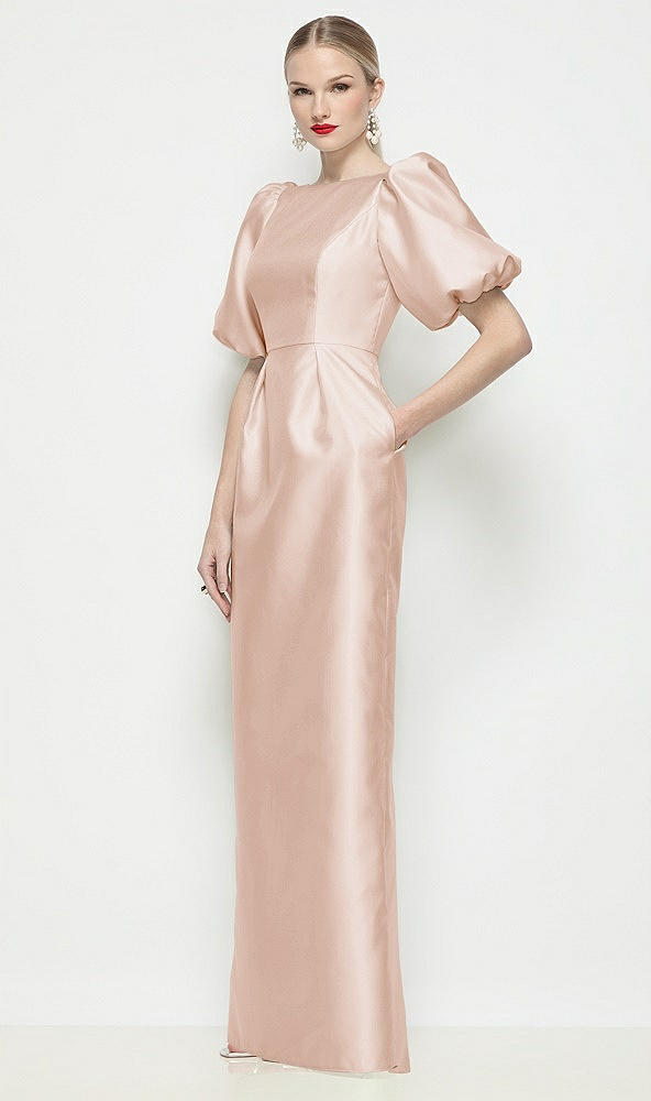 Front View - Cameo Bateau Neck Satin Column Maxi Dress with Puff Sleeves