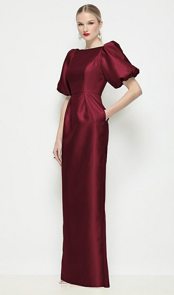Front View - Cabernet Bateau Neck Satin Column Maxi Dress with Puff Sleeves