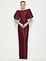 Side View Thumbnail - Cabernet Bateau Neck Satin Column Maxi Dress with Puff Sleeves