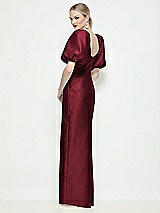 Rear View Thumbnail - Cabernet Bateau Neck Satin Column Maxi Dress with Puff Sleeves