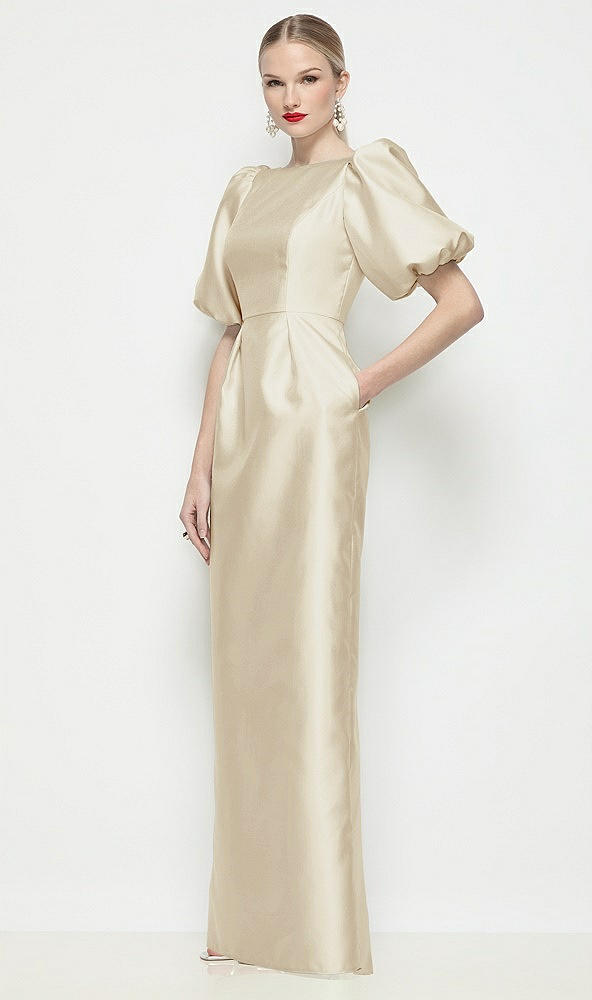 Front View - Champagne Bateau Neck Satin Column Maxi Dress with Puff Sleeves