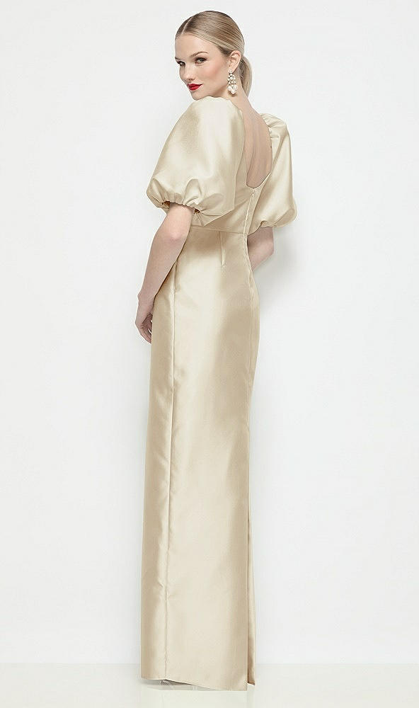 Back View - Champagne Bateau Neck Satin Column Maxi Dress with Puff Sleeves
