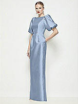 Front View Thumbnail - Cloudy Bateau Neck Satin Column Maxi Dress with Puff Sleeves