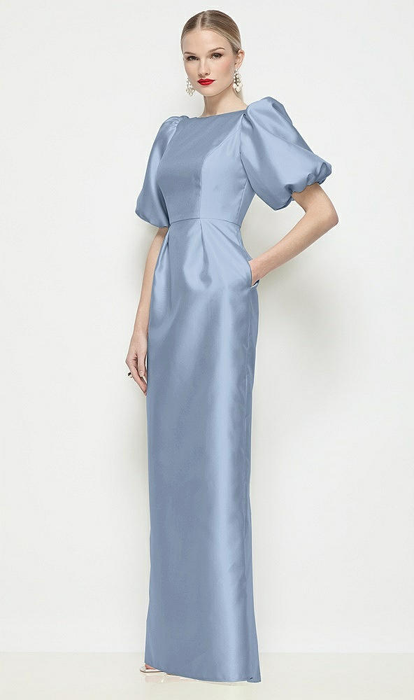 Front View - Cloudy Bateau Neck Satin Column Maxi Dress with Puff Sleeves