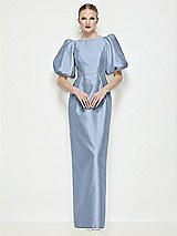 Side View Thumbnail - Cloudy Bateau Neck Satin Column Maxi Dress with Puff Sleeves