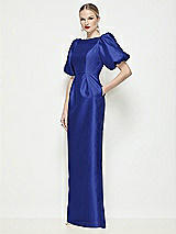 Front View Thumbnail - Cobalt Blue Bateau Neck Satin Column Maxi Dress with Puff Sleeves