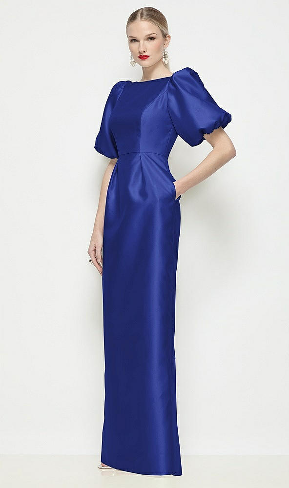 Front View - Cobalt Blue Bateau Neck Satin Column Maxi Dress with Puff Sleeves