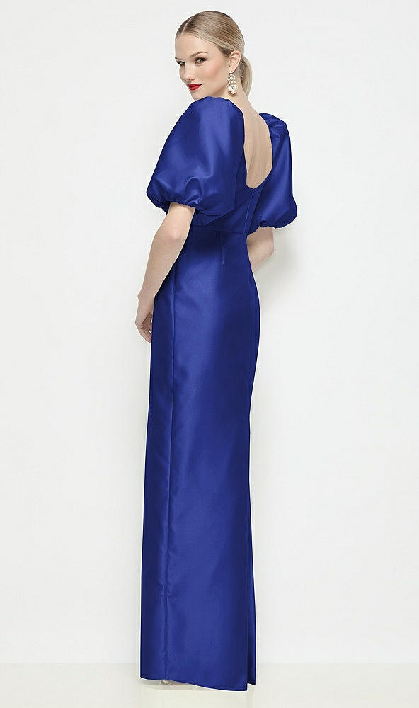 Back View - Cobalt Blue Bateau Neck Satin Column Maxi Dress with Puff Sleeves