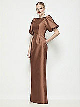 Front View Thumbnail - Cognac Bateau Neck Satin Column Maxi Dress with Puff Sleeves