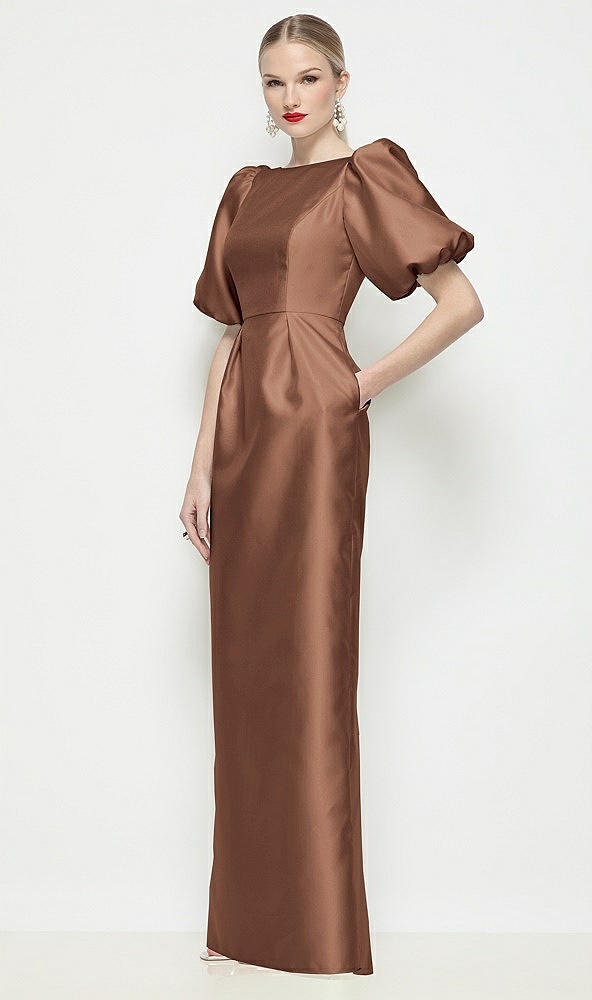 Front View - Cognac Bateau Neck Satin Column Maxi Dress with Puff Sleeves