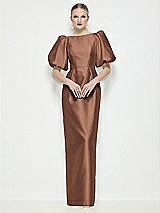 Side View Thumbnail - Cognac Bateau Neck Satin Column Maxi Dress with Puff Sleeves