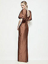 Rear View Thumbnail - Cognac Bateau Neck Satin Column Maxi Dress with Puff Sleeves