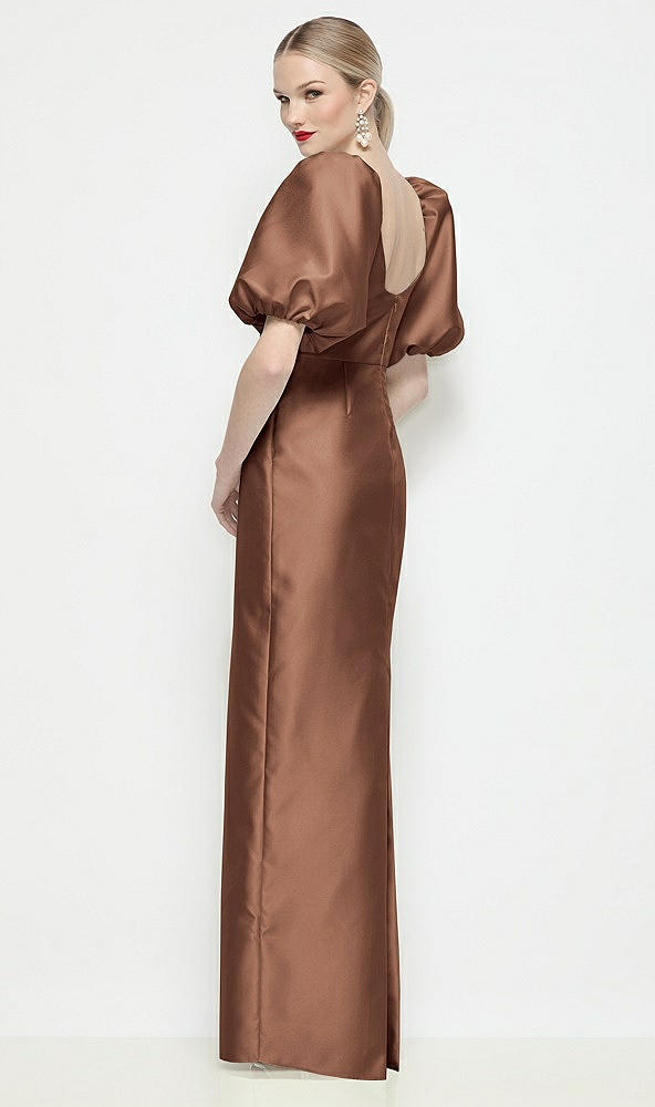 Back View - Cognac Bateau Neck Satin Column Maxi Dress with Puff Sleeves