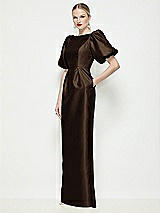 Front View Thumbnail - Espresso Bateau Neck Satin Column Maxi Dress with Puff Sleeves