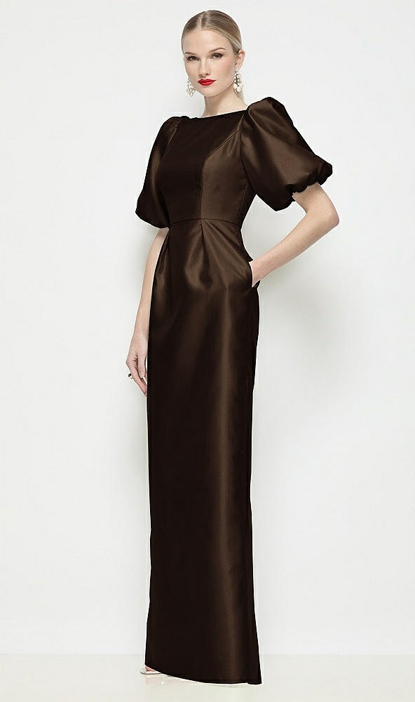 Front View - Espresso Bateau Neck Satin Column Maxi Dress with Puff Sleeves