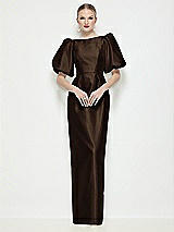 Side View Thumbnail - Espresso Bateau Neck Satin Column Maxi Dress with Puff Sleeves