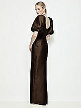 Rear View Thumbnail - Espresso Bateau Neck Satin Column Maxi Dress with Puff Sleeves